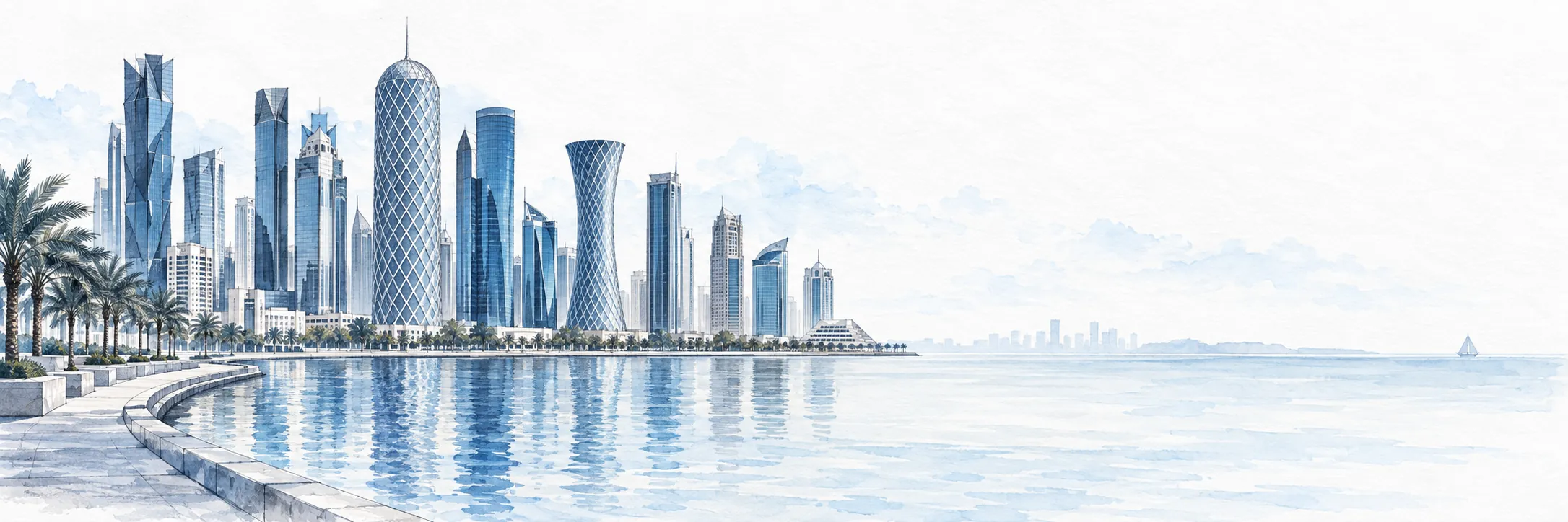 رسم مائي بانورامي لأفق الدوحة والكورنيش بالأزرق والرمادي